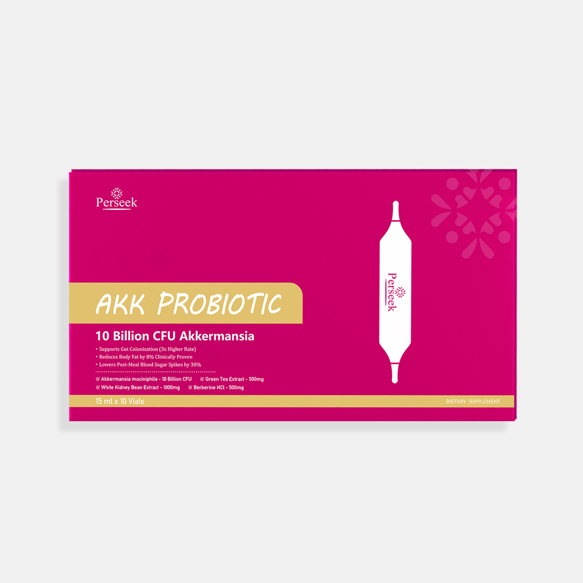Perseek Probiotic Supplement | 100M CFU Akkermansia, Berberine & Green Tea Extract | 15mL×10 Vials, Gut & Metabolic Support